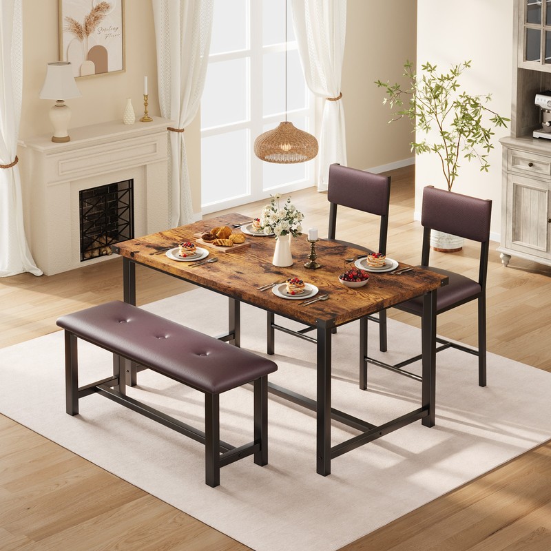 Modern 4-Piece Dining Table Set for 4, Kitchen Table, Bench, 2 Padded Chairs gallery