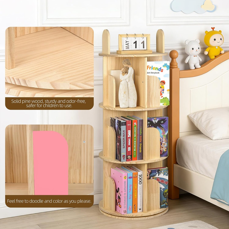 Rotating Bookshelf, Solid Pine Wood Spinning Bookshelf Tower 5 Tier, 360° Revolv gallery