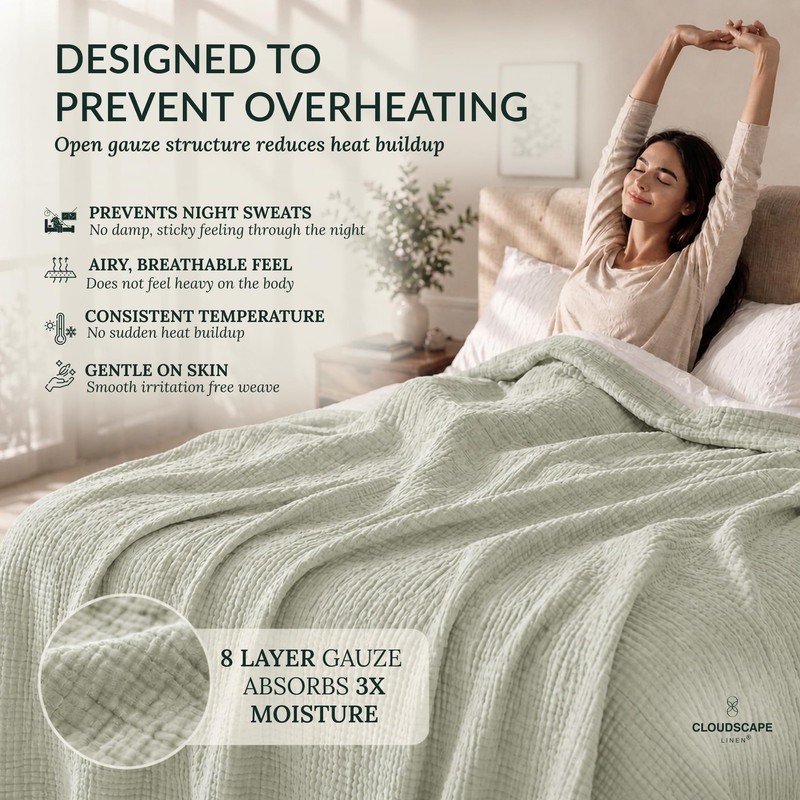 CLOUDSCAPE 8 Layer Muslin Blanket for Adults, 100% Cotton Queen Size Blankets... gallery