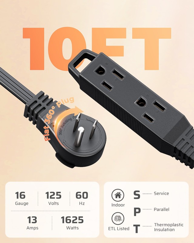 DEWENWILS 10FT Flat Plug Extension Cord, 360° Rotating Plug,13A/125V/1625W, ETL gallery