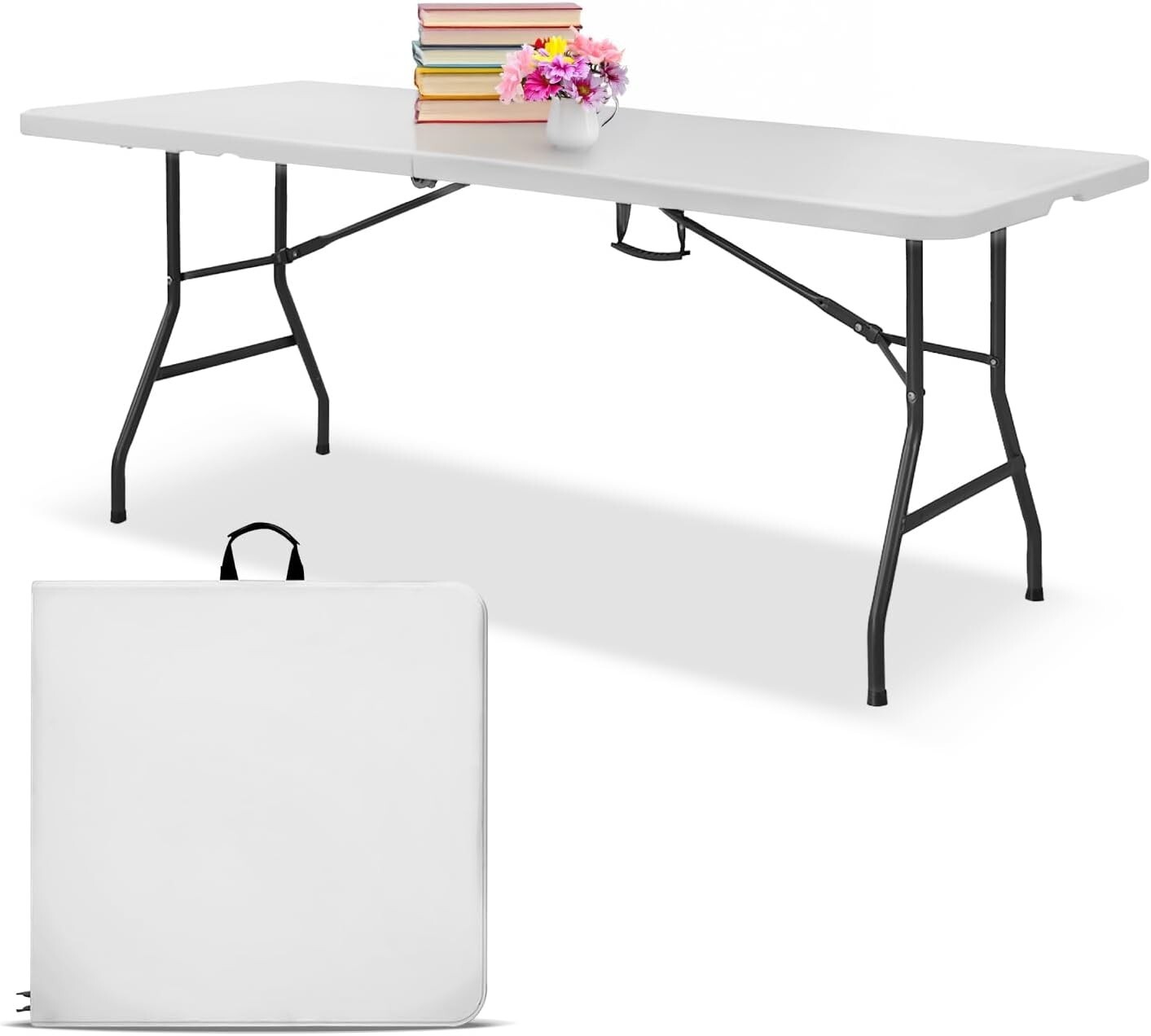 EconoHome White 6ft Folding Table with Handle | Heavy-Duty Foldable Table gallery