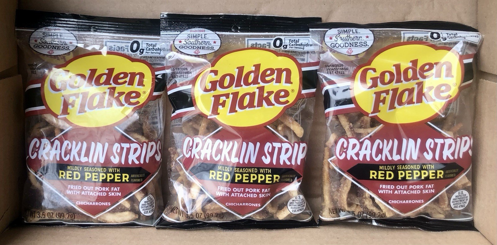 😋 3x Golden Flake Cracklin Strip Mild Season w/Red Pepper Chicharrones 3.5oz 😋 gallery