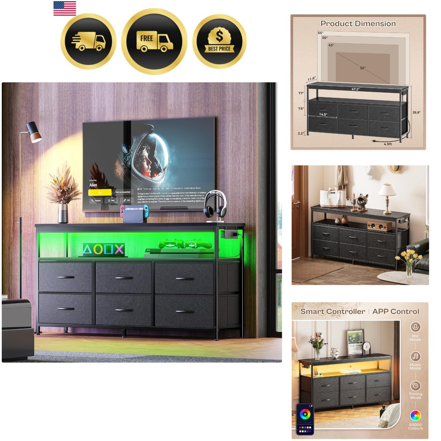 LED TV Stand Dresser with Storage LED Lights Power Outlets for Bedroom Living... gallery