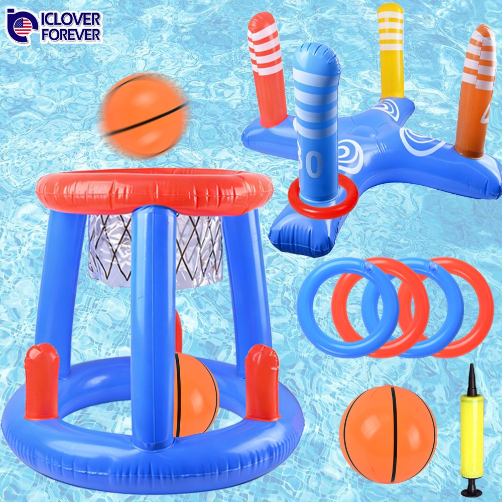 Inflatable Swimming Pool Toys Set Basketball Hoop Ring Toss Game for Kids Adults gallery