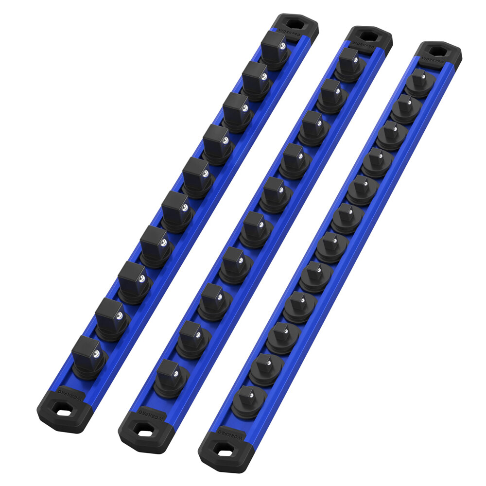 WORKPRO Magnetic Socket Organizer Set, 3-Piece Aluminum Alloy Socket Rail Blue