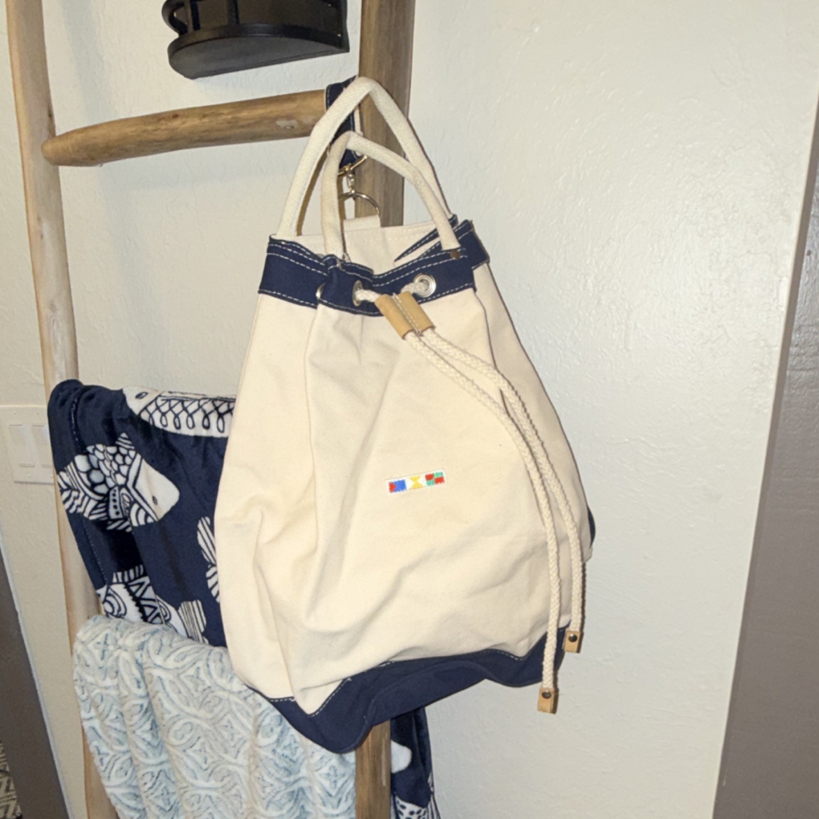 Beige/Blue Canvas Drawstring Hiking Bag Adjustable Strap Zipper for easy access