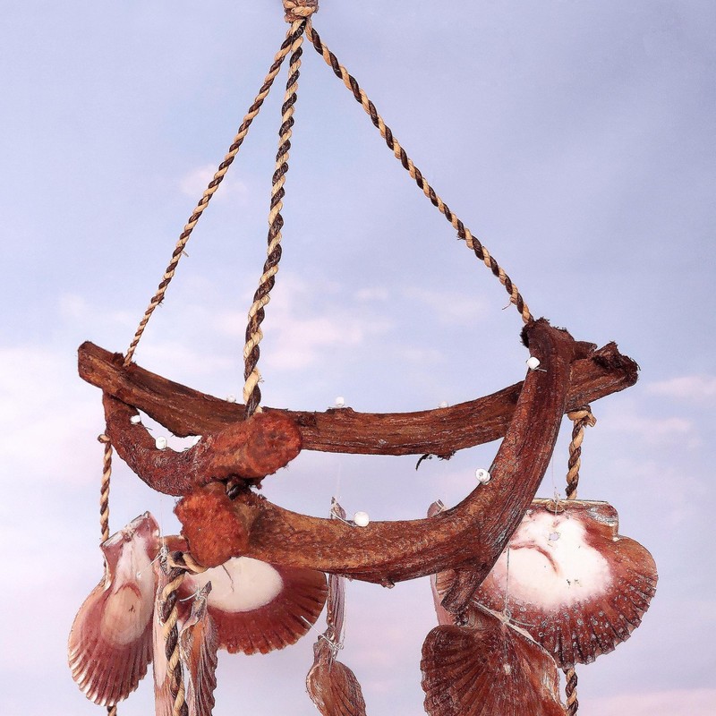 Rustic Driftwood Scallop Seashell Wind Chime (1 chime approx. 9 x 21 inches) gallery
