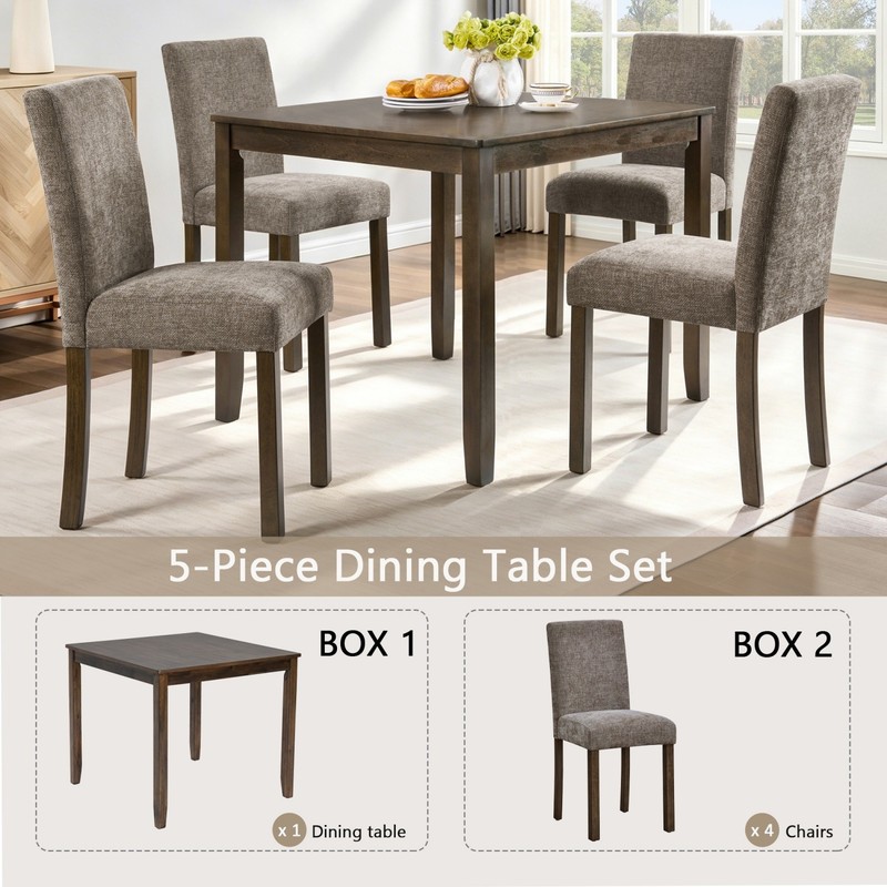 5-Piece Rustic Dining Table Set Square Wood with 4 Chenille Upholstered Chairs gallery