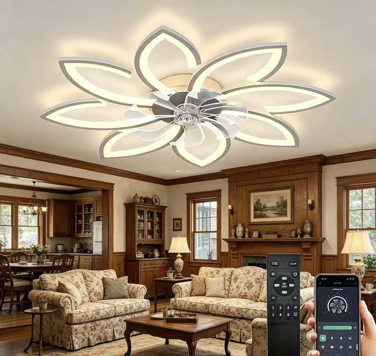 White Quiet Ceiling Light with Fan Remote Control APP for Living Area,Bedroom gallery