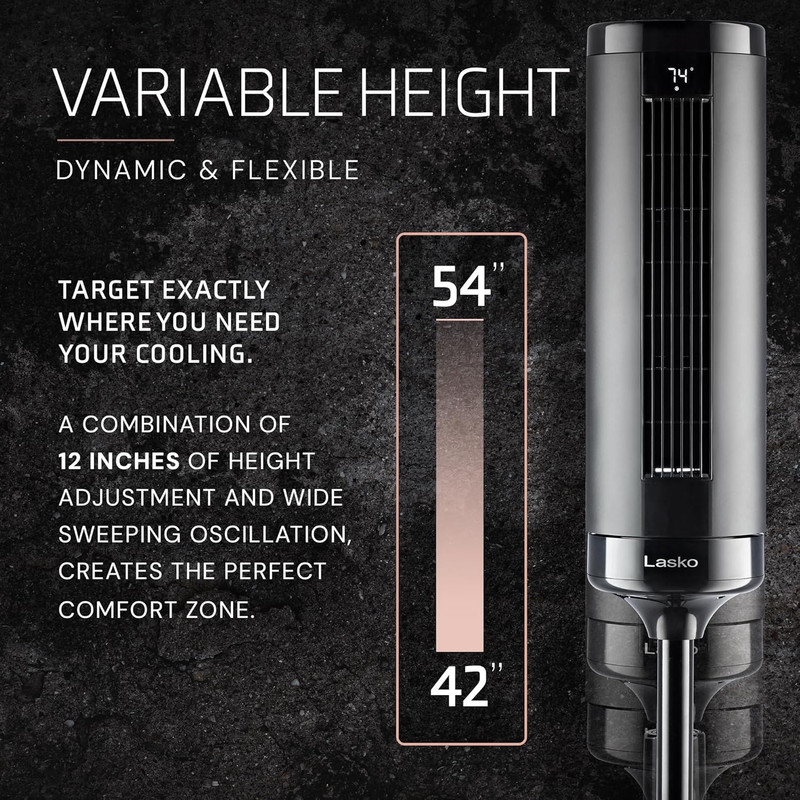 Elevation Adjustable Tower Fan 42”-54”, Pedestal Fan, 31 Ft/S Airflow, Quiet 28 gallery
