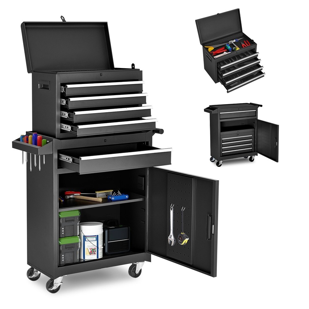 5-Drawer Rolling Tool Chest, Lockable Wheels, Detachable Top Box, Durable Metal