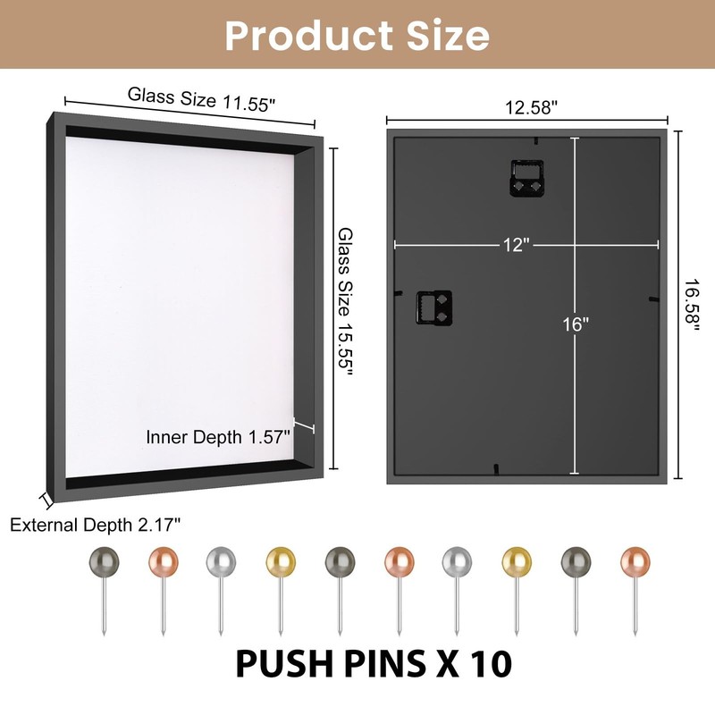 12x16 Large Shadow Box Frame with Soft Linen Back Metal Push Pins Included, ... gallery