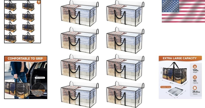 8 Pack Extra Large Heavy Duty Moving Bags, Clear Storage Bins with Lids, Reinfor gallery