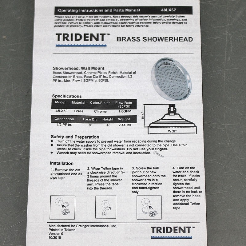 Trident Fixed Showerhead 48LX52, 1/2" PF, 8" OD, 1.8 GPM, Wall Mount, Chrome gallery