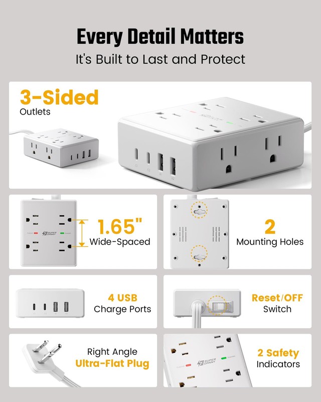 10Ft Extension Cord with Multiple Outlets, 10FT-15W Standard Charge, White gallery