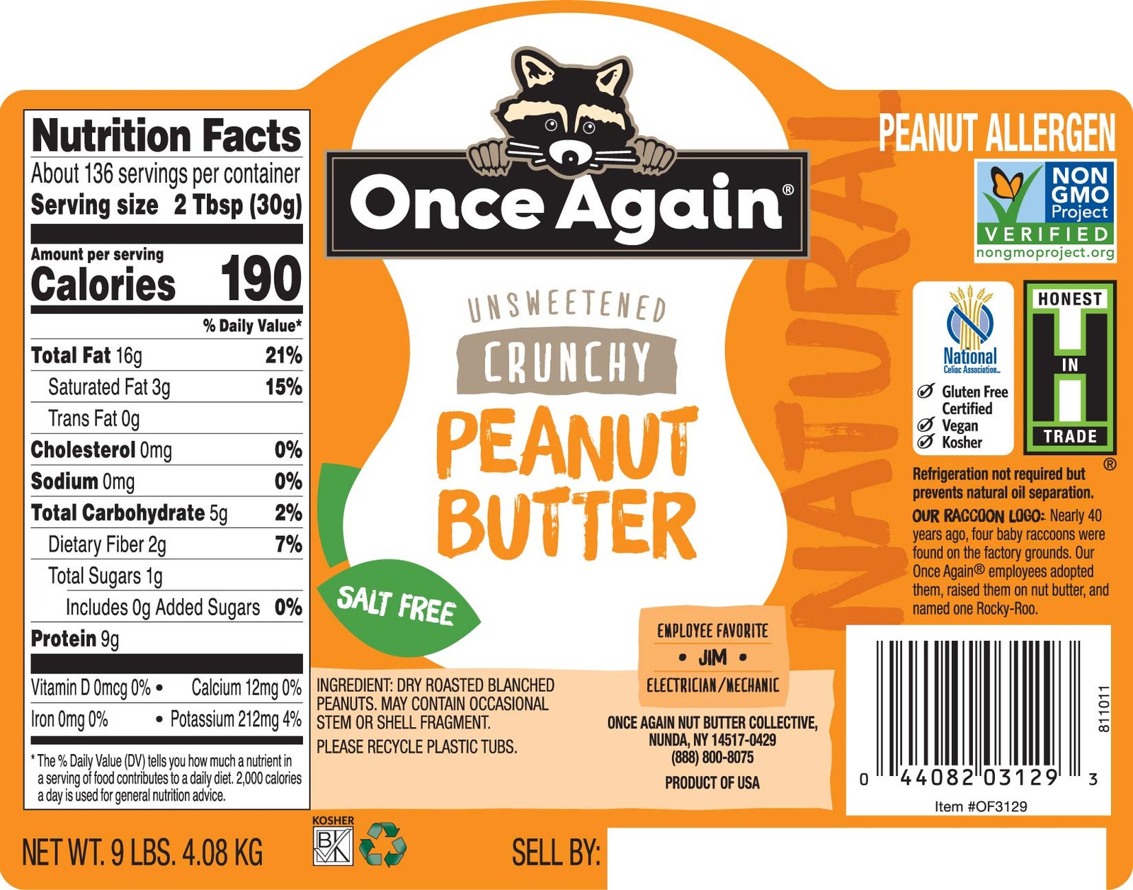 Once Again Natural, Crunchy Peanut Butter, 9lb Bucket (same as 9 jars)- Salt Fre gallery
