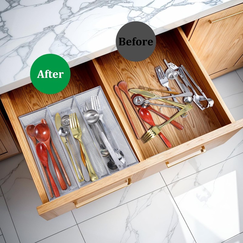 6 PCS Silver Mesh Flatware Organizer 9x3x2 Inch Metal Drawer Utensil Tray gallery