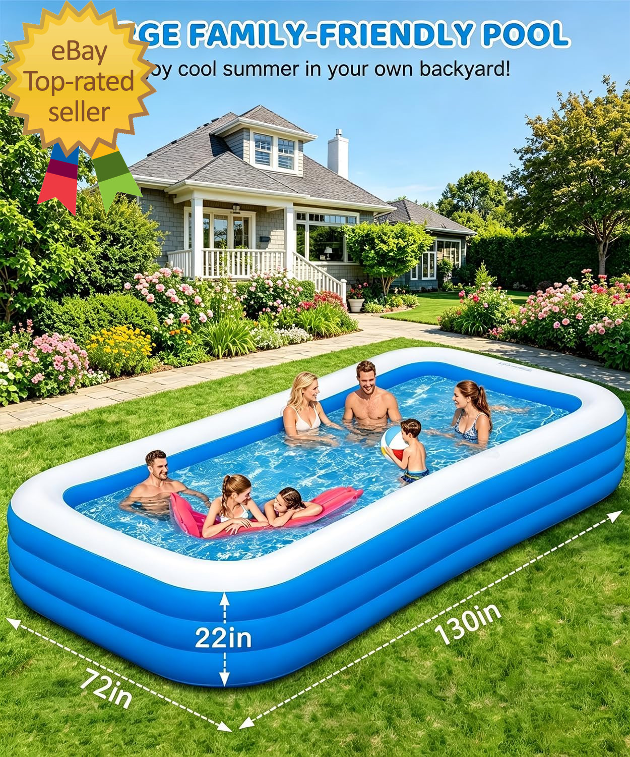 Large Inflatable Pool 130"×72"×22" Blow up Pool for Adults with Electric Pump gallery