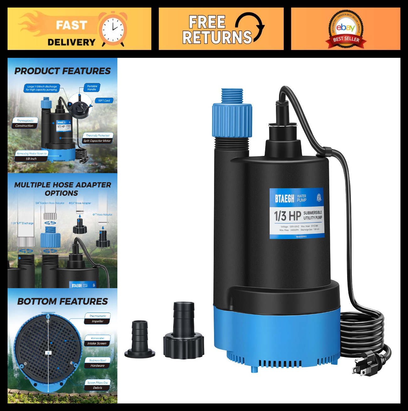 High-Performance 1/3 HP Submersible Water Pump 2400GPH for Pool, Basement, Garde gallery
