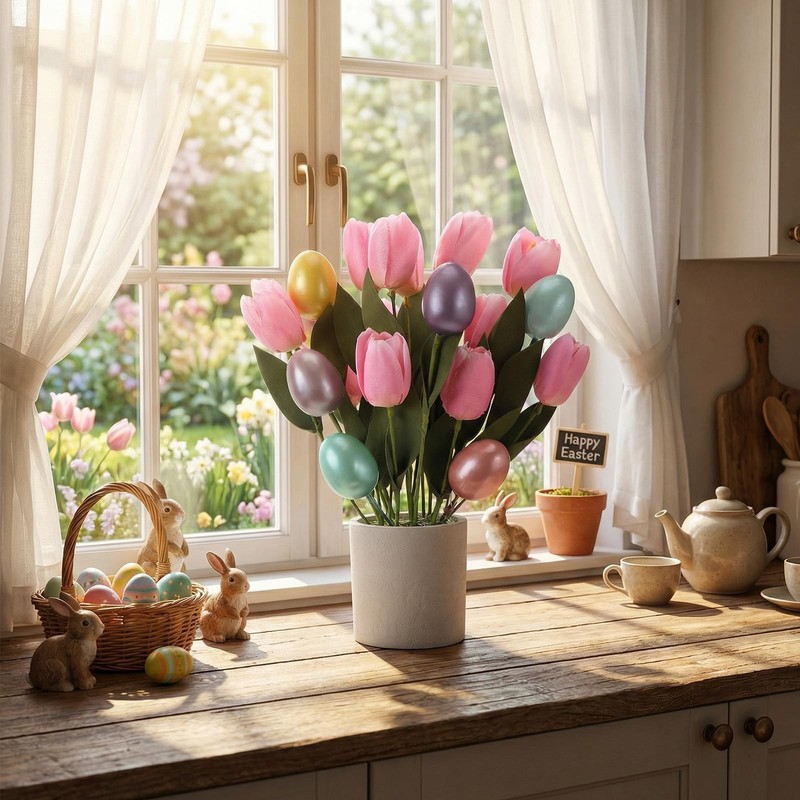 Easter Decoration Artificial Easter Tulip and Egg in Pot 12" Tall Potted Spri... gallery