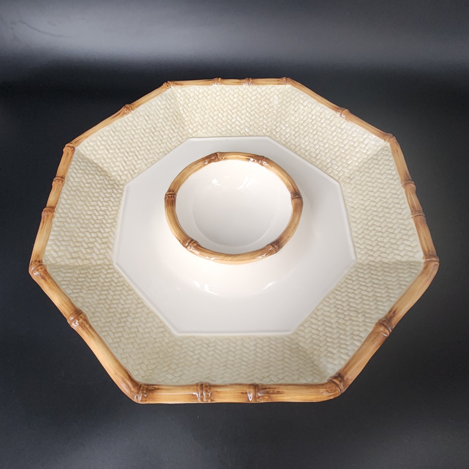 Vintage Pier 1 Chip & Dip Set Bamboo Basketweave Design Tan Ceramic 13" W READ gallery