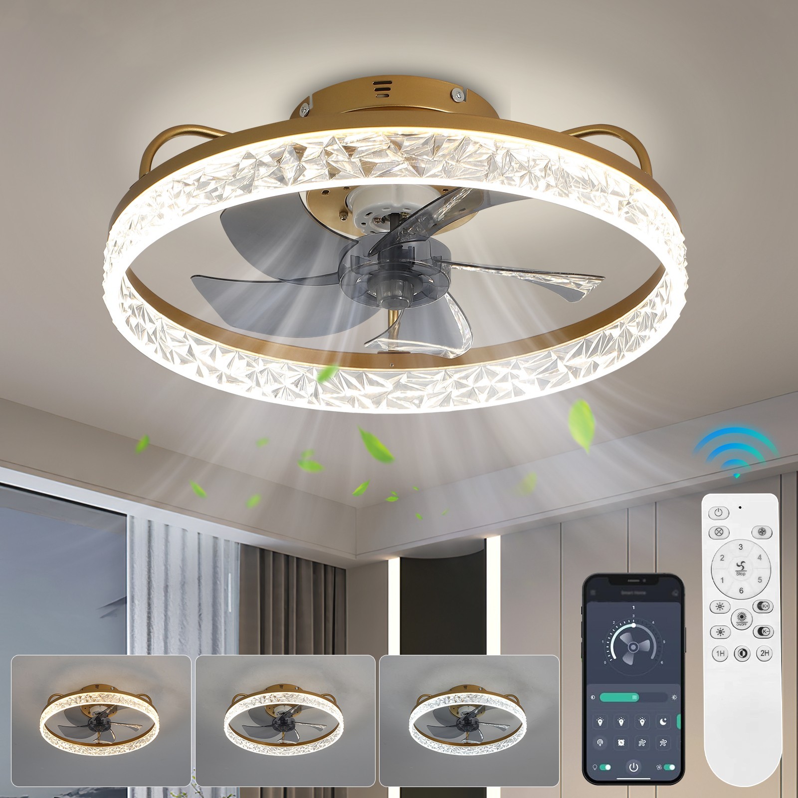 19.6" Low Profile Ceiling Fan with Light, Remote & APP, Dimmable 6 Speed White gallery
