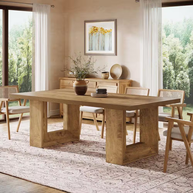 Rectangular Brown Wood 63 In. 4 Legs Dining Table with Strong Geometric Frame Se gallery
