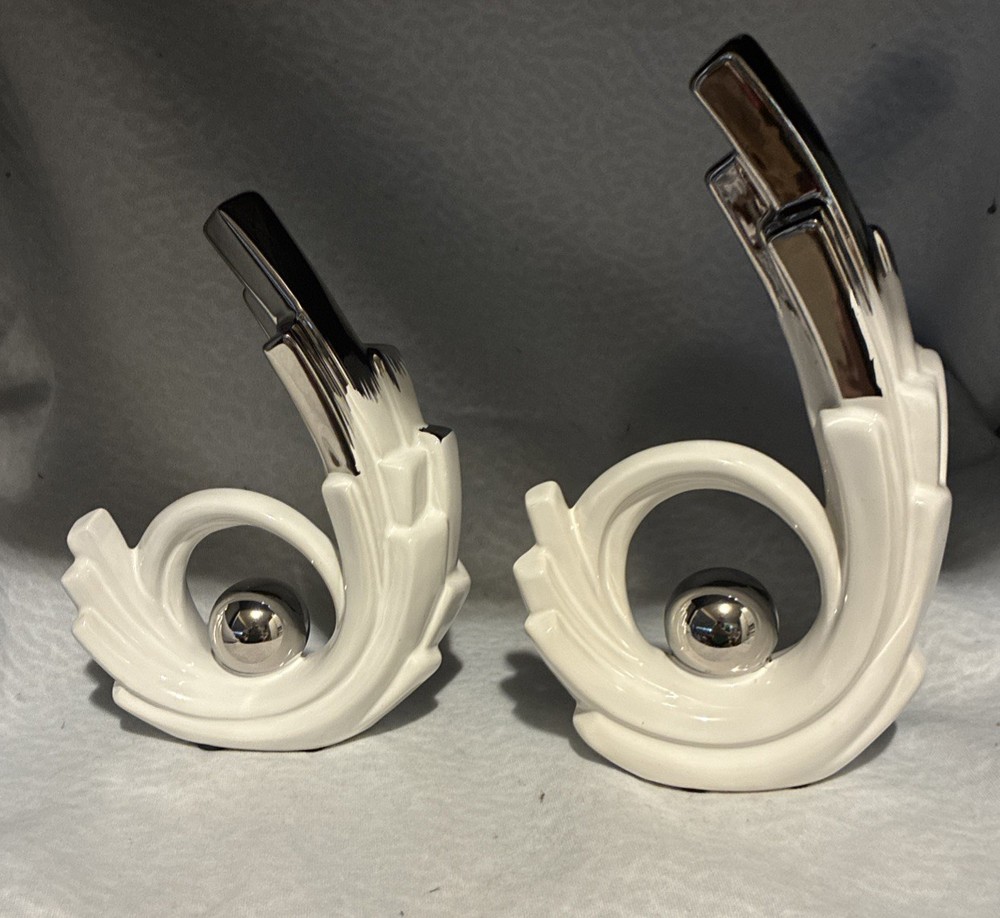 LCCCK 2 Pc Set Abstract Ceramic Statues In White And Silver