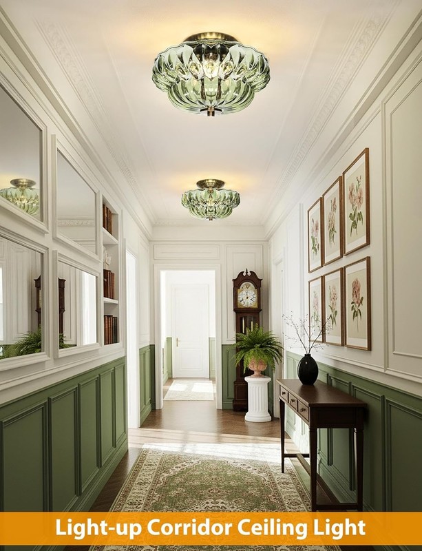 11" Semi Flush Mount Ceiling Light Vintage Gold 3-Light Green Glass Fixture gallery