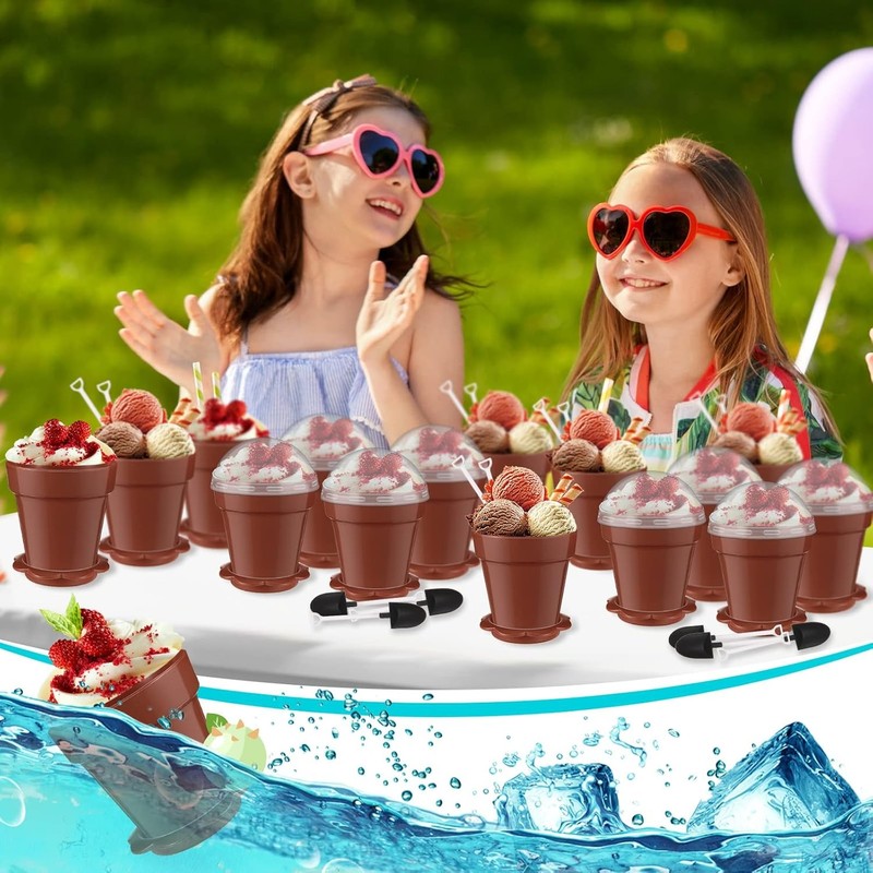 100 Pack Flowerpot Dessert Cup Plastic Cake Cups W/ Lid Shovel Spoon Bottom Tray gallery