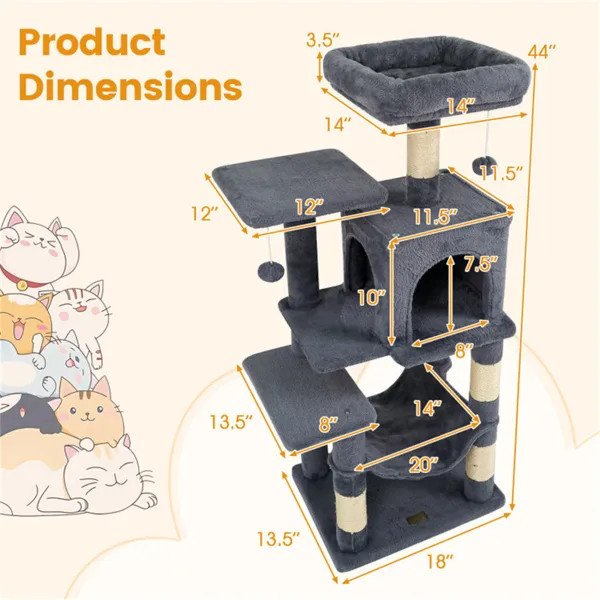 44in Cat Tree Tower Gray Multi Level w/ Top Perch 2 Door Condo Hammock for Indoo gallery