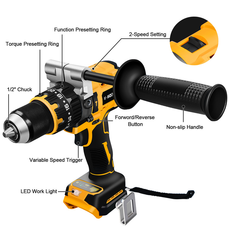 1/2" Brushless Cordless Hammer Drill/Driver For DEWALT 20V MAX Battery gallery