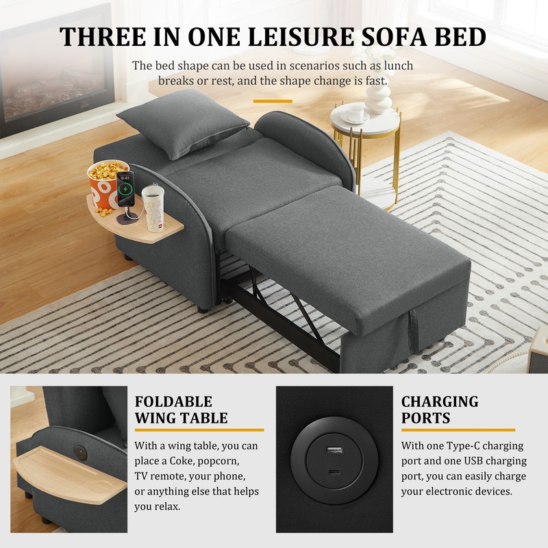 Convertible Sleeper Chair Pull Out Bed with USB Port & Foldable Side Table gallery