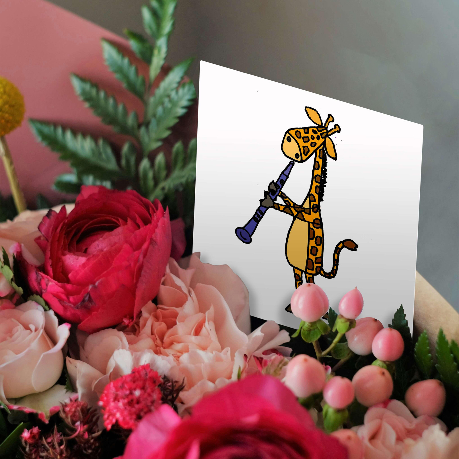 3dRose, Cute Funny Giraffe Playing the Clarinet Cartoon, Greeting Card gallery
