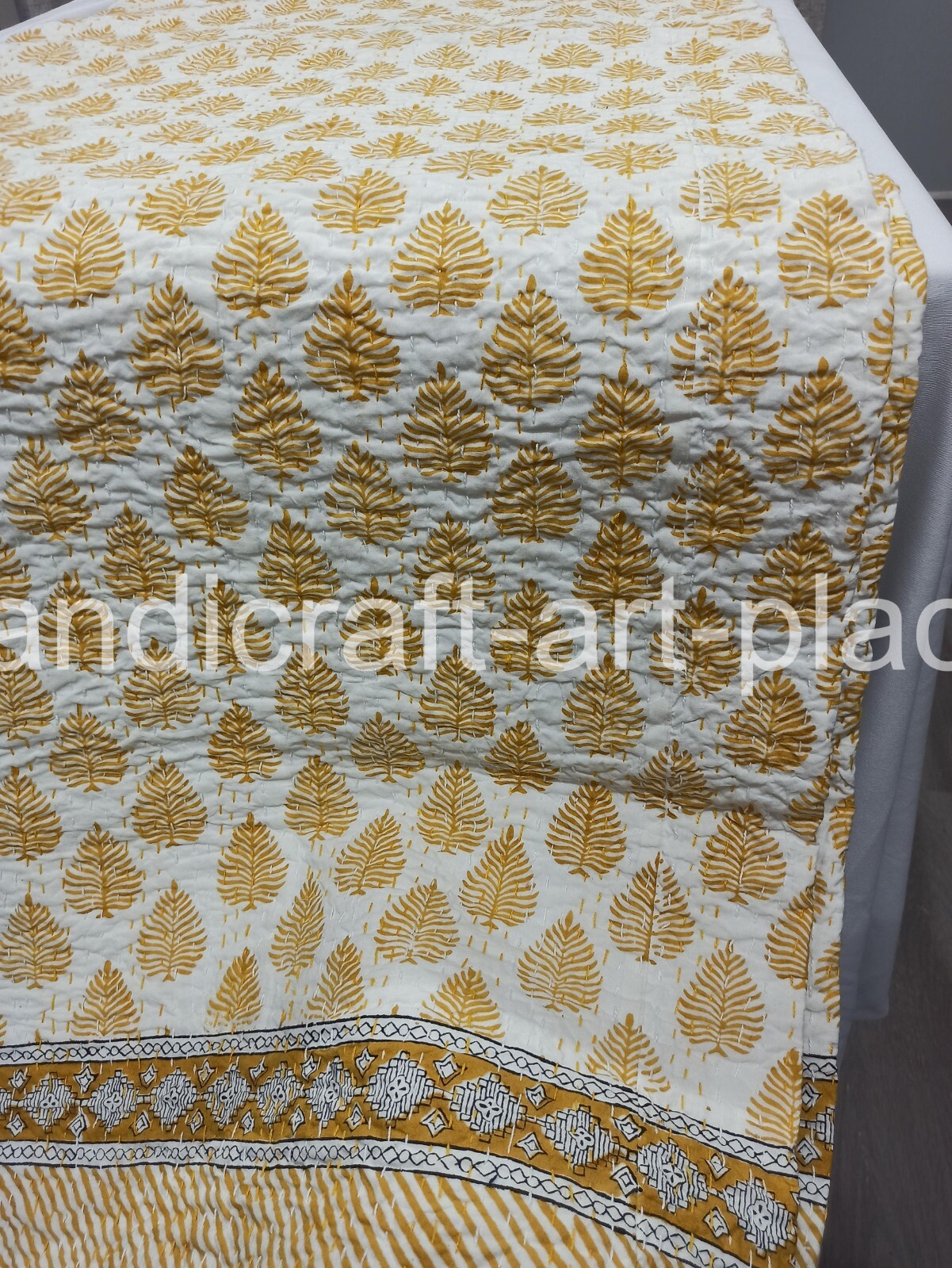 Vintage Indian Hand Block Print Quilt With Kantha King Size Bedspread Yellow gallery