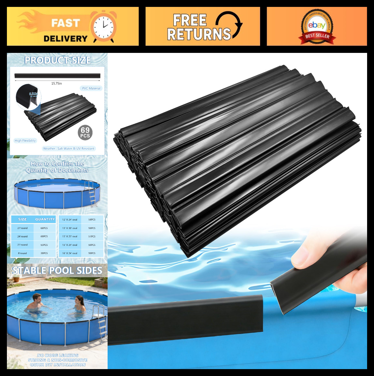 69PCS 15.75" Coping Strips for Above Ground Pool Liners - Plastic Clips & Patch gallery