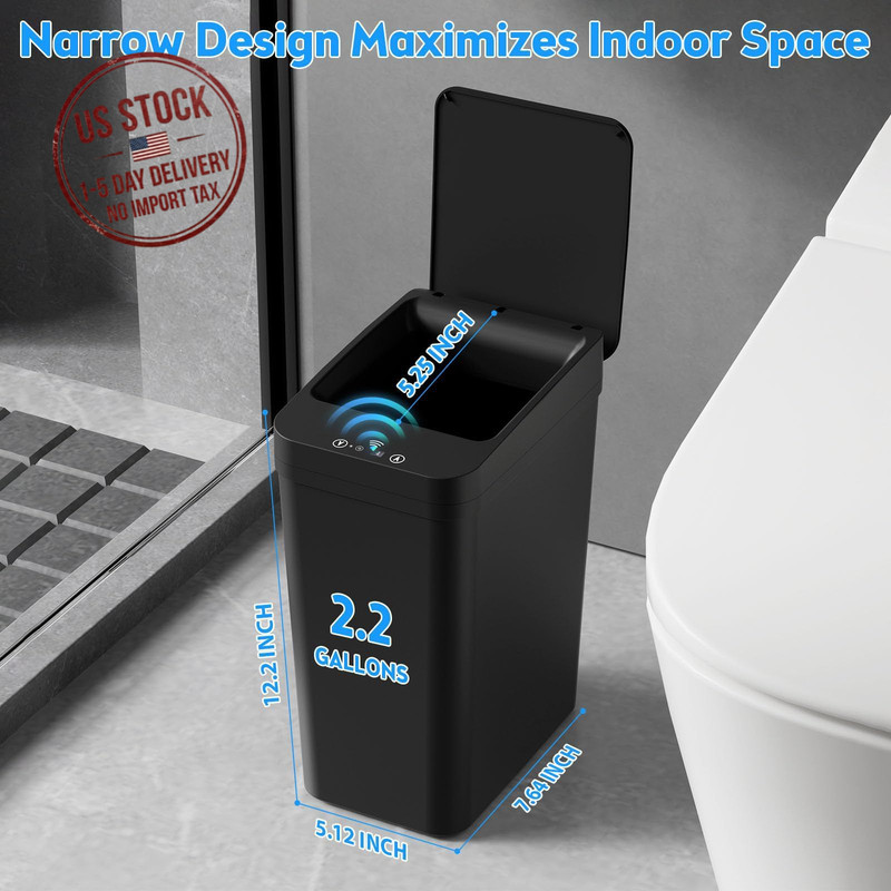 2 Pack 2.2 Gallon Bathroom Trash Can with Lid Motion Sensor Touchless Slim Black gallery