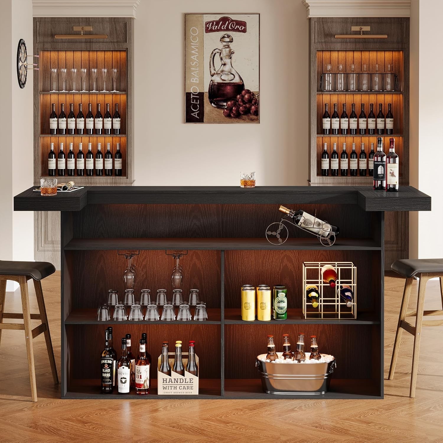 70.9-Inch Black Bar Table, 4-Tier Large Wooden Home Bar Unit w/ Storage Shelves gallery