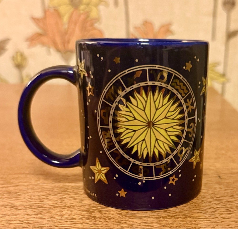 Celestial Stars Zodiac Astrology Pattern 1994 JII Moon Mug Cup Cobalt Blue Gold