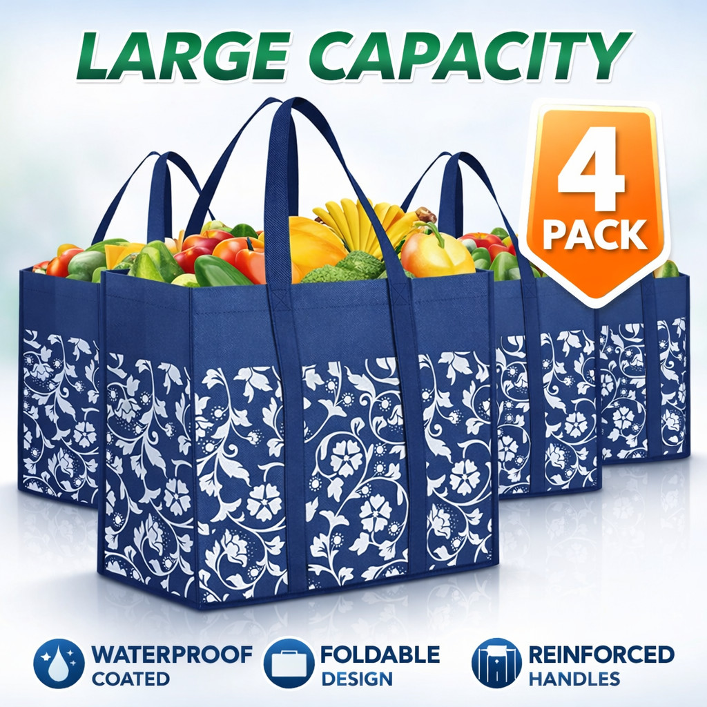 Reusable Grocery Bags 4 Pack Large Foldable Tote Waterproof Shopping Bags Set gallery