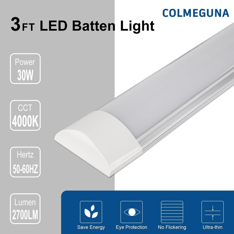 Colmeguna 2 Pack 3FT LED Batten Light, Ultra-Thin Ceiling Surface Mounted, 30... gallery