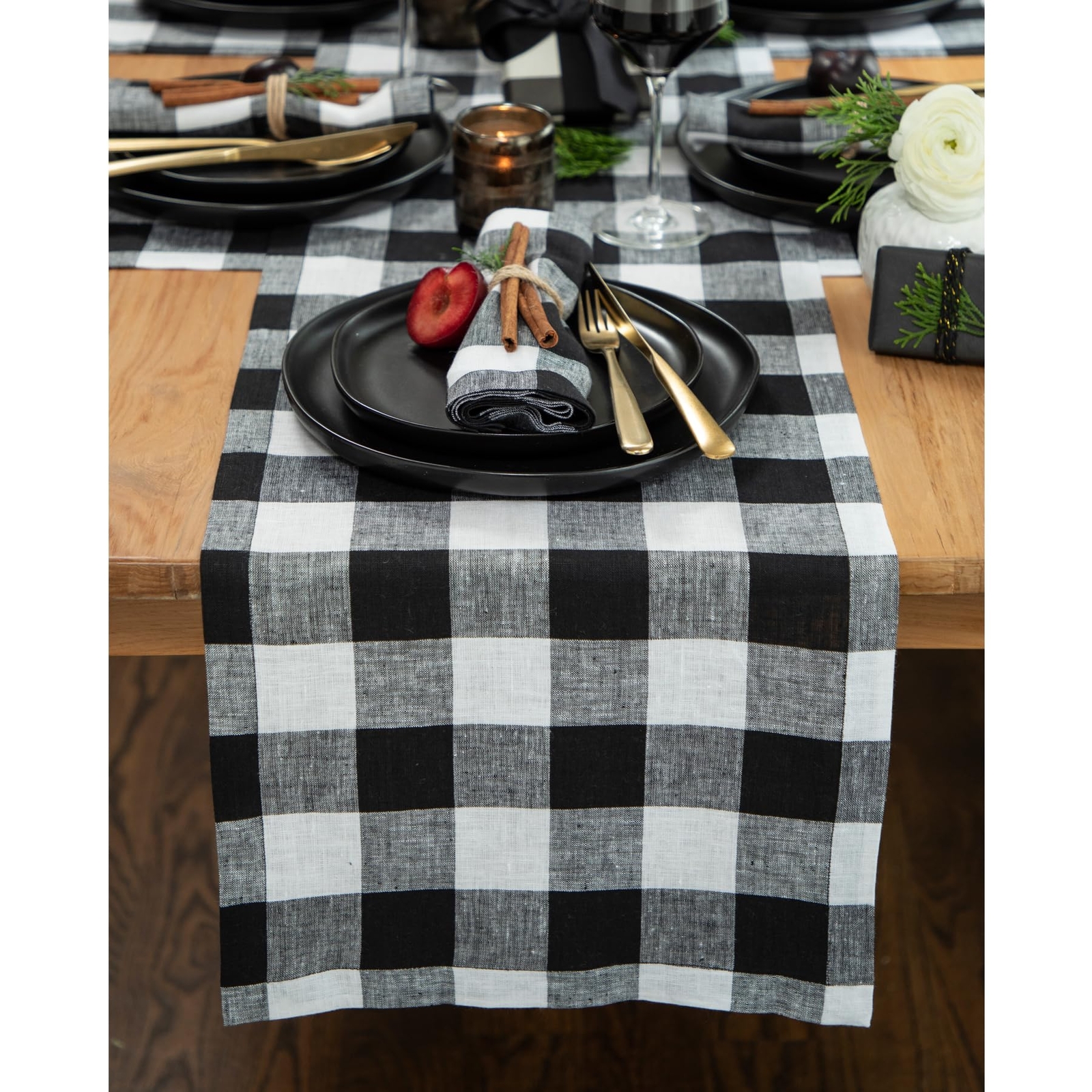 Linen Buffalo Plaid Table Runner 14x48-Inch Black and White for Farmhouse Decor gallery