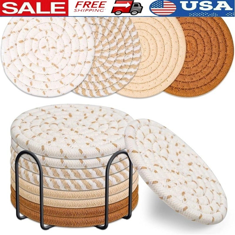 8 Colors Absorbent Cotton Coasters Set W/ Metal Holder Home Kitchen Use gallery