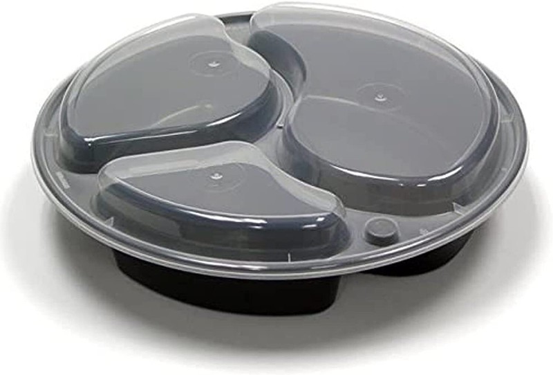 48oz Black Round 3 Compartments Plastic Meal Prep Containers With Clear Dome Lid gallery