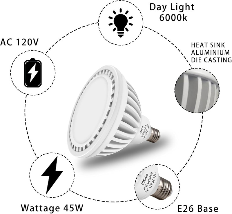 LED Pool Light Bulb,E26 Base 120V Daylight White 6000K Pool Lights, 45W LED S... gallery
