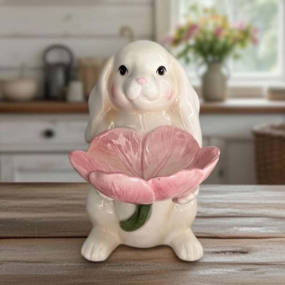 Springtime Bunnies: Easter Bunny Rabbit Holding Pink Flower Candy Dish, Spring D gallery