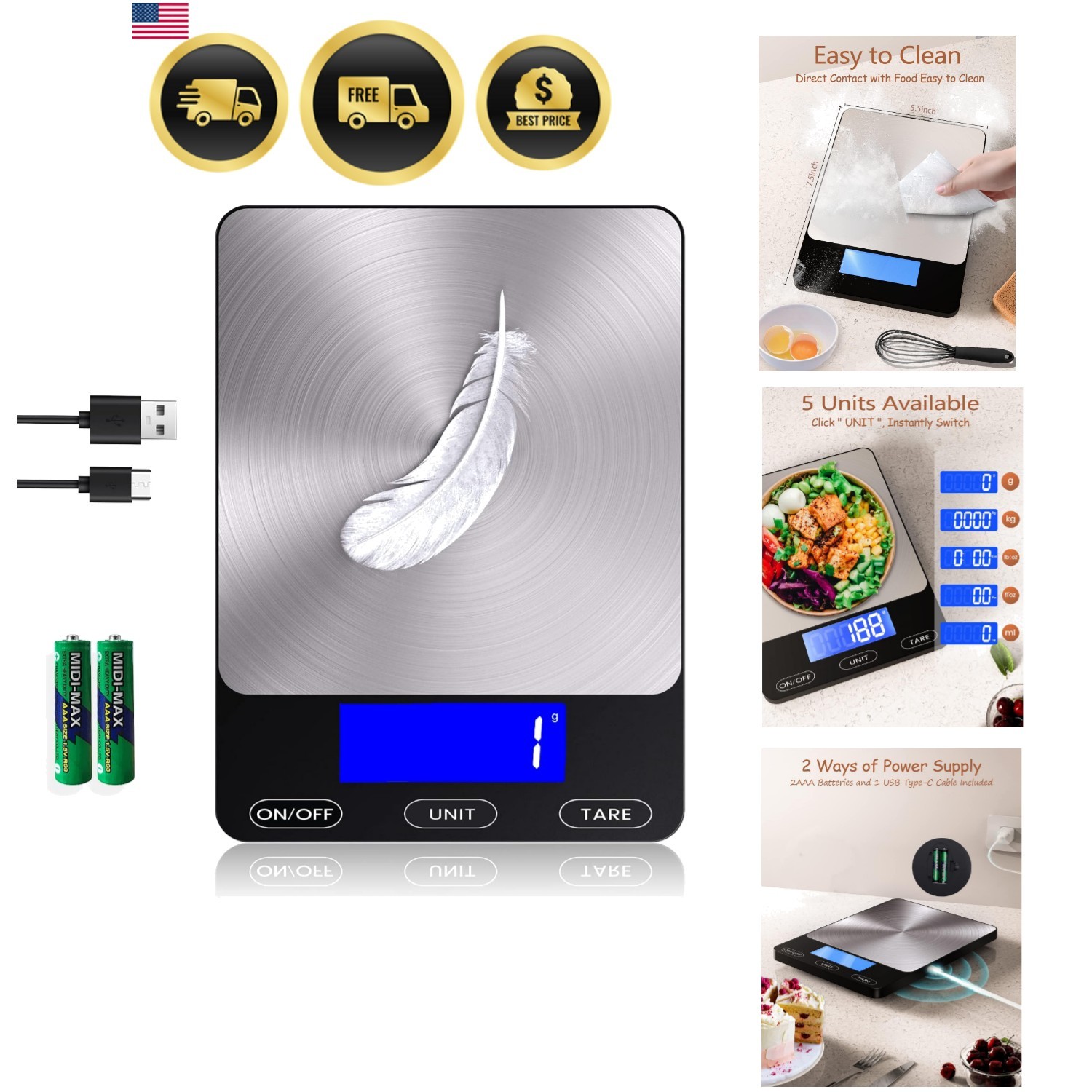 Food Scale -33lb Digital Kitchen Scale for Food Ounces Grams Rechargeable 304... gallery