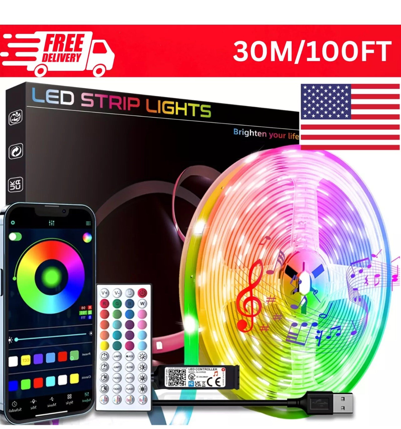 100 Ft LED Strip Lights, Smart Light with App Remote Control, RGB LED 1Roll100Ft gallery