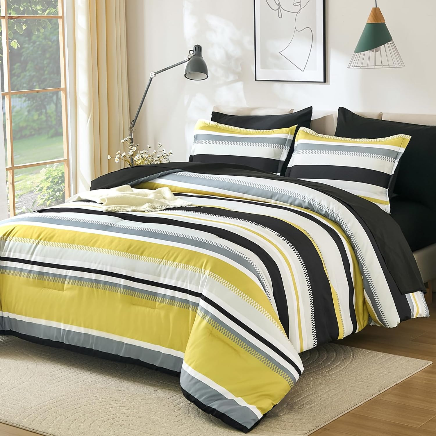 Yellow Comforter King Size Set, 7 Pieces Bed in a Bag Yellow and Black Comforter gallery
