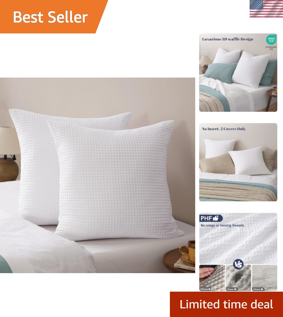 Ultra Soft Waffle Weave Euro Shams Pillow Covers, No Filling, 2 Pack 26" x 26... gallery